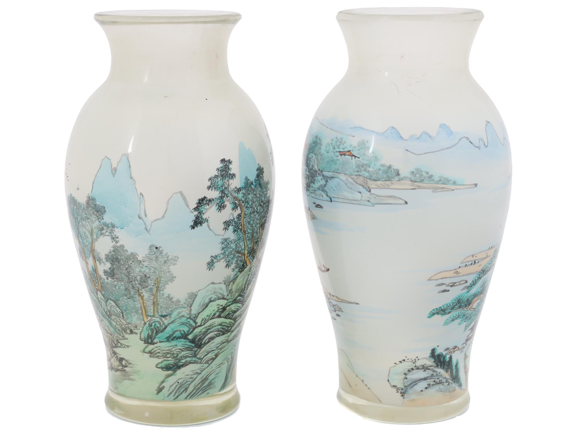 PAIR OF CHINESE REVERSE PAINTED WHITE GLASS VASES PIC-1